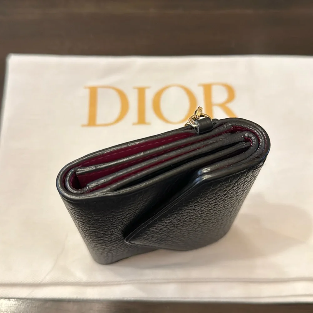 🔥 SALE 🔥 Dior Diorissimo Logo Charm Leather Trifold Wallet Black